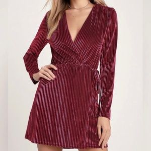 Lulus Magenta Pink Velvet Long Sleeve Faux Wrap Mini Dress Medium